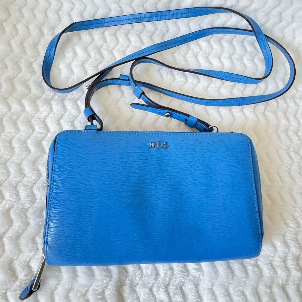 Lauren Ralph Lauren Blue Saffiano Cow Leather Zip Around Crossbody Wallet Bag